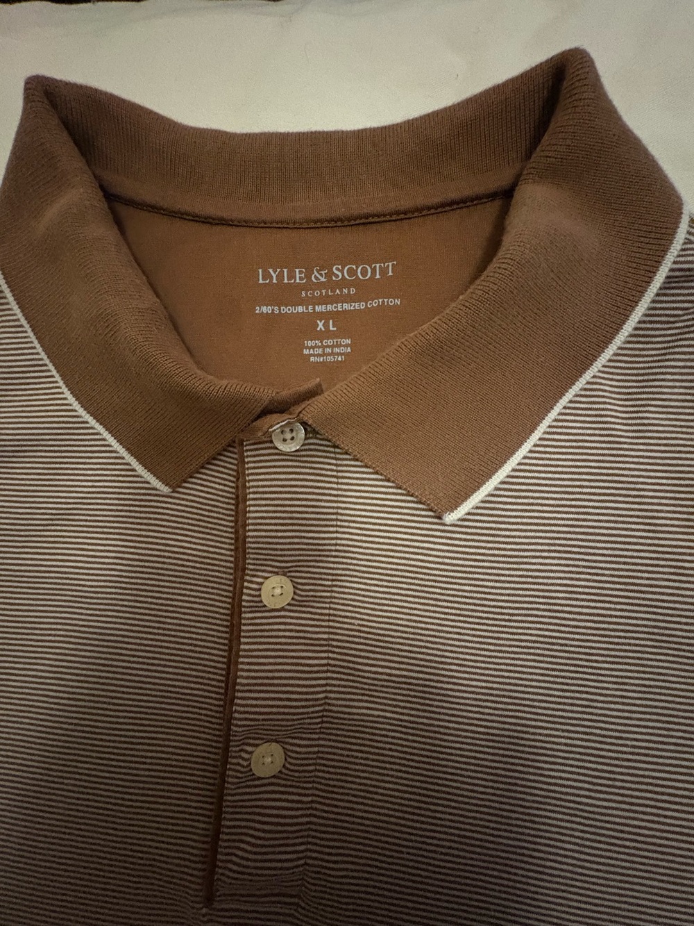 Lyle & Scott Tan and White Fine-Striped Polo